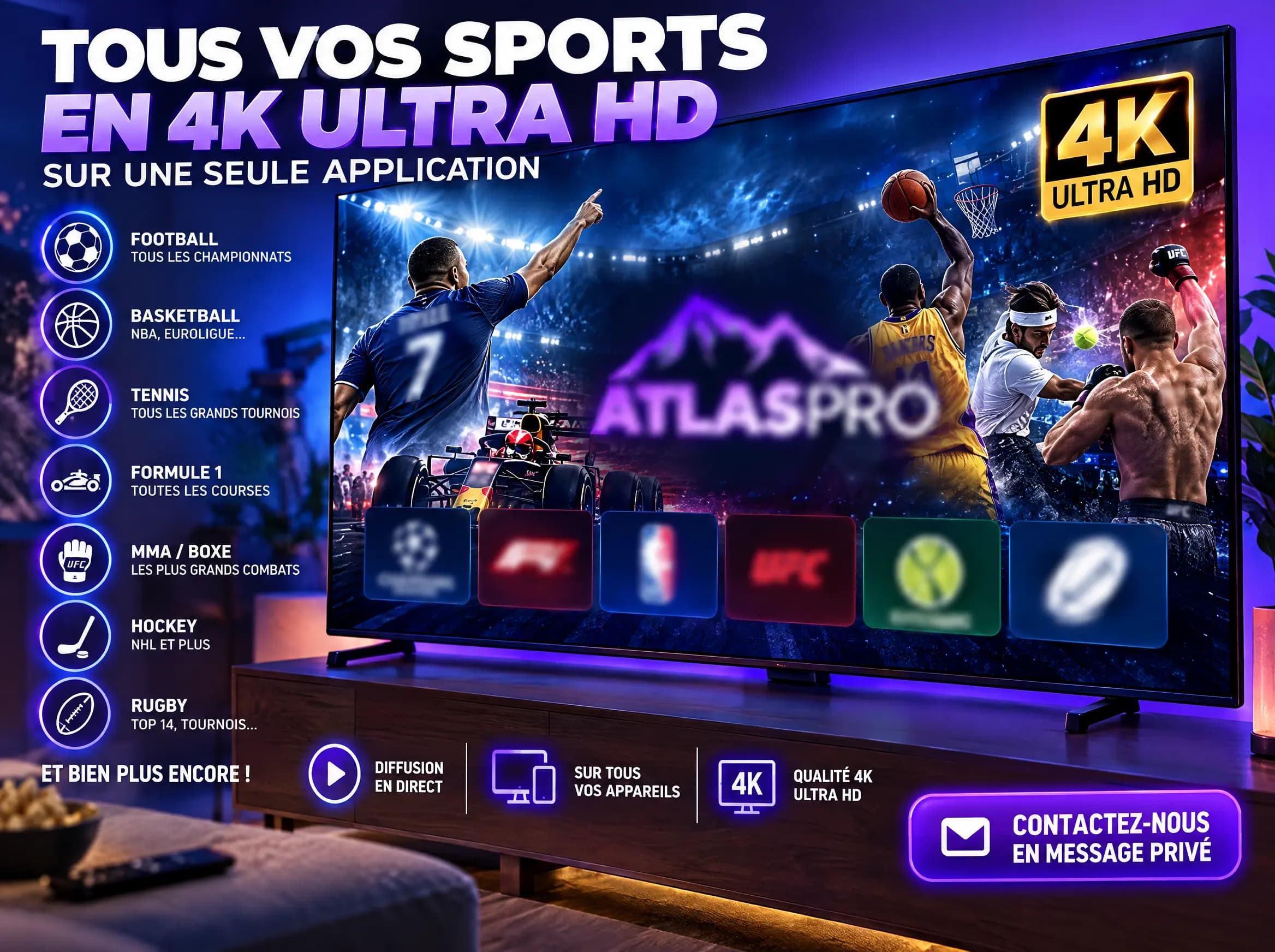 Chaînes sportives disponibles sur Atlas Pro ONTV : football, basketball, tennis, Formule 1, MMA, hockey, rugby