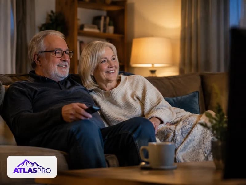 Couple détendu regardant Atlas Pro ONTV sans engagement