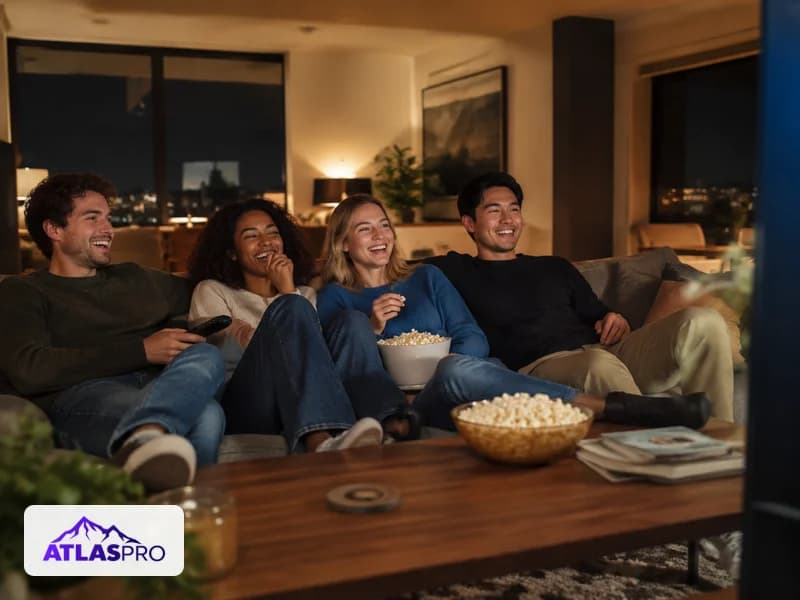 Groupe d'amis regardant un film ensemble sur Atlas Pro ONTV